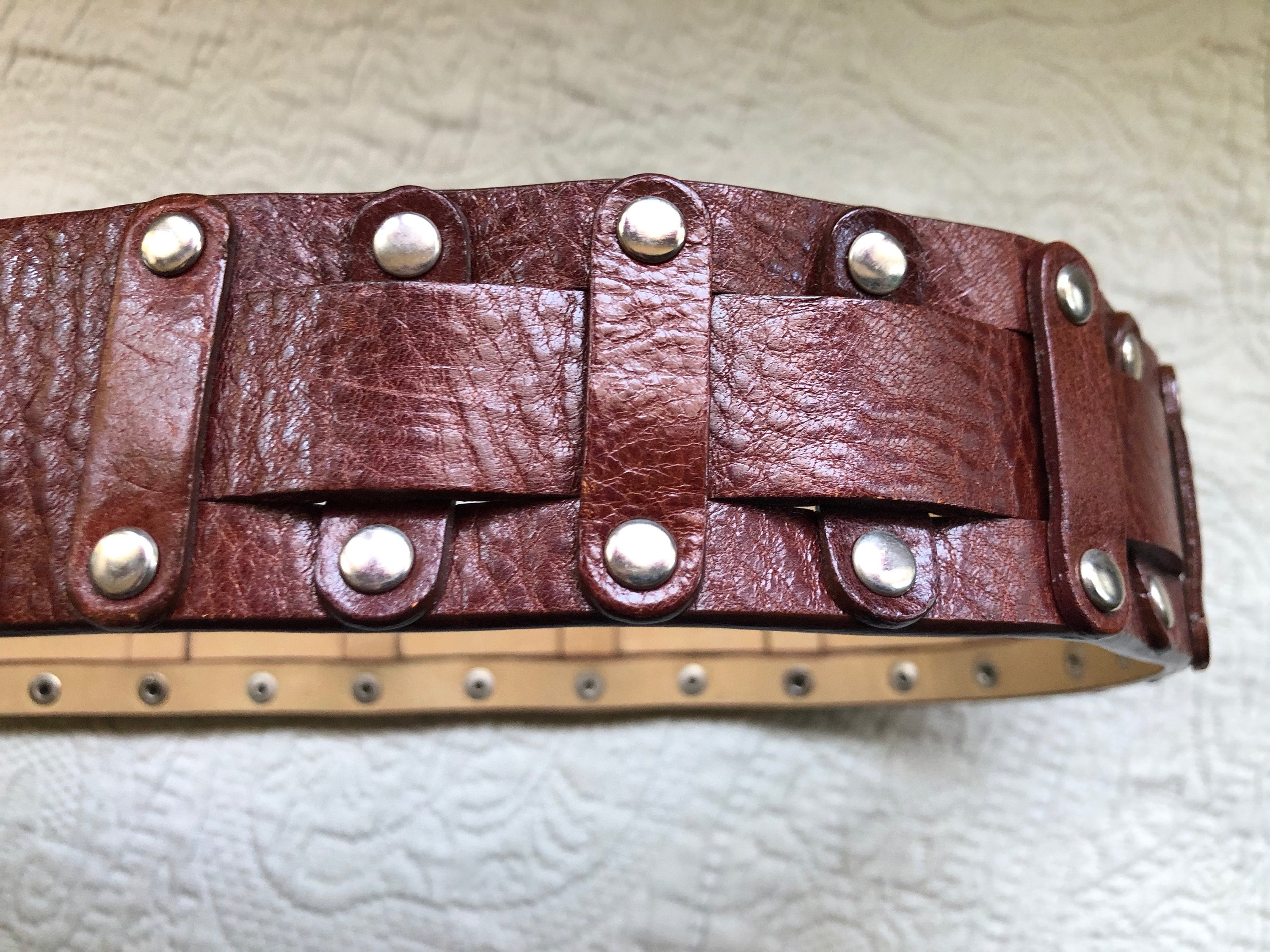 VTG Saks Fifth Avenue Brown Leather Belt Size L Chunky Boho Stone Brass Buckle Vintage Saks Fifth Avenue Pebbled Brown Leather Belt With  main image 3