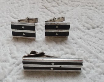 Vintage Modernist Mexican TAXCO Sterling Silver and Wooden Tie Clip and Cufflinks
