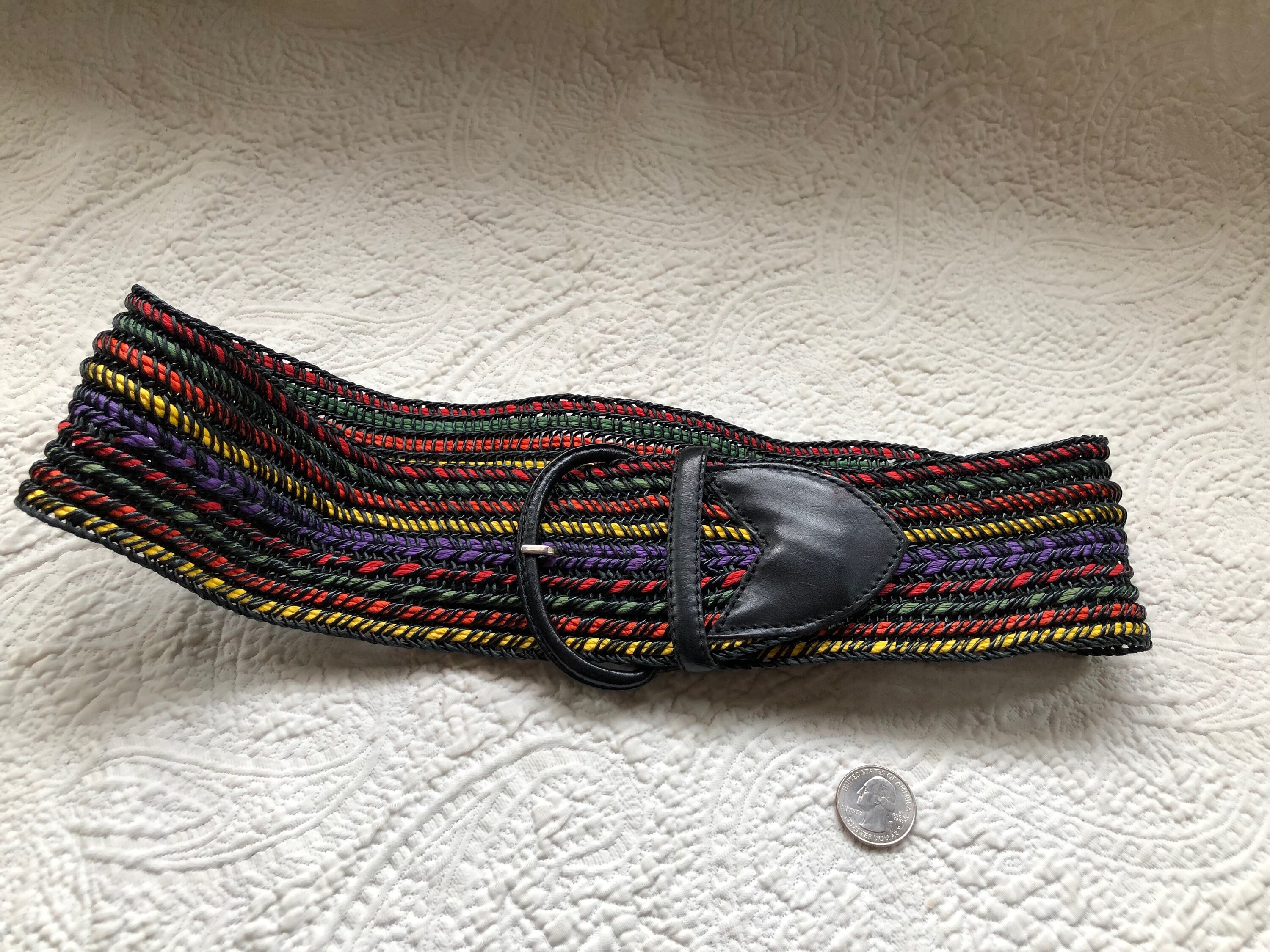 Vintage French Designer Alain Manoukian Multi Color Woven and Black Leather Belt