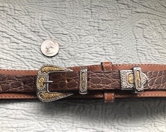 Vintage Douglas French Two Tone Leather Western Style Belt with Silver and Gold Tone Buckle and Tip