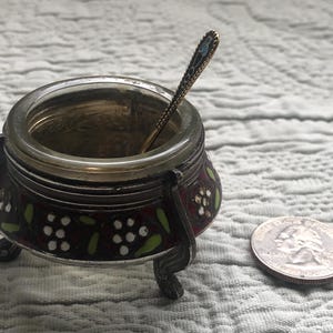 Vintage Russian Silverplate and Enamel Salt/Caviar Cellar with Spoon