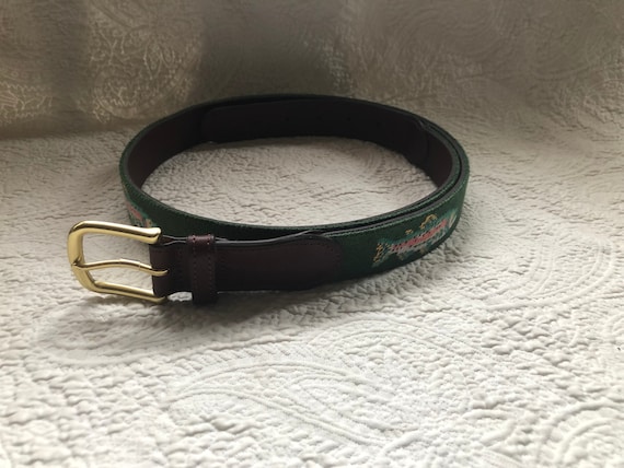 Vintage Tucker Blair Hunter Green Needlepoint Fish Brown and Leather Belt  Size 42 