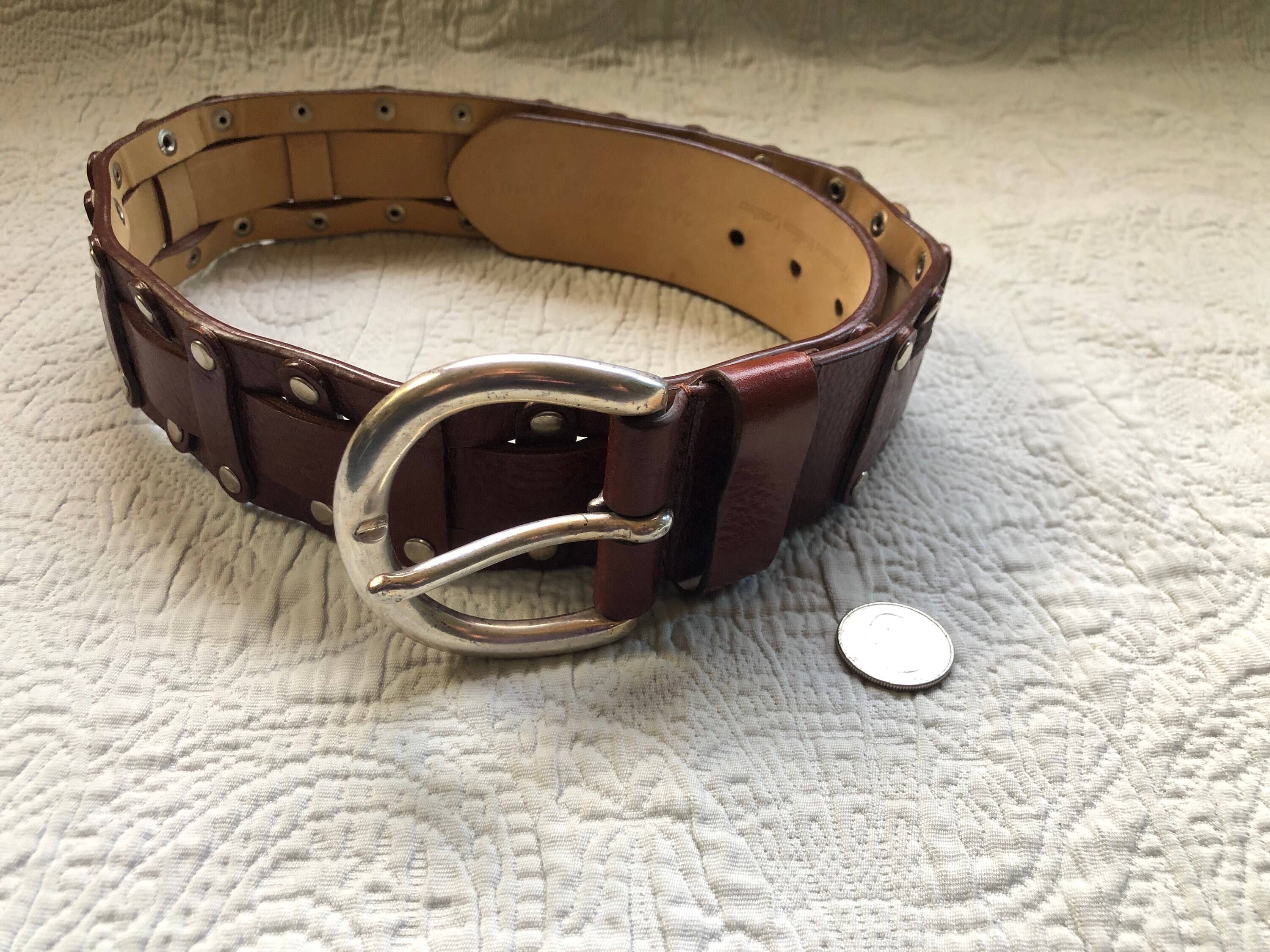 Vintage‎ Saks Fifth Ave Italian Leather Studded Belt M Quiet Luxury Gently Used Saks Fifth Avenue Loosely Woven Reddish Brown  main image 3