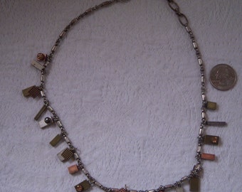 Steampunk Mixed Metal and Rhinestone Techno Charm Necklace