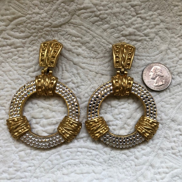 Pair of Striking Italian Statement 1980's Gold Gilt and Rhinestone Clip-On Unsigned Ugo Correani  Earrings