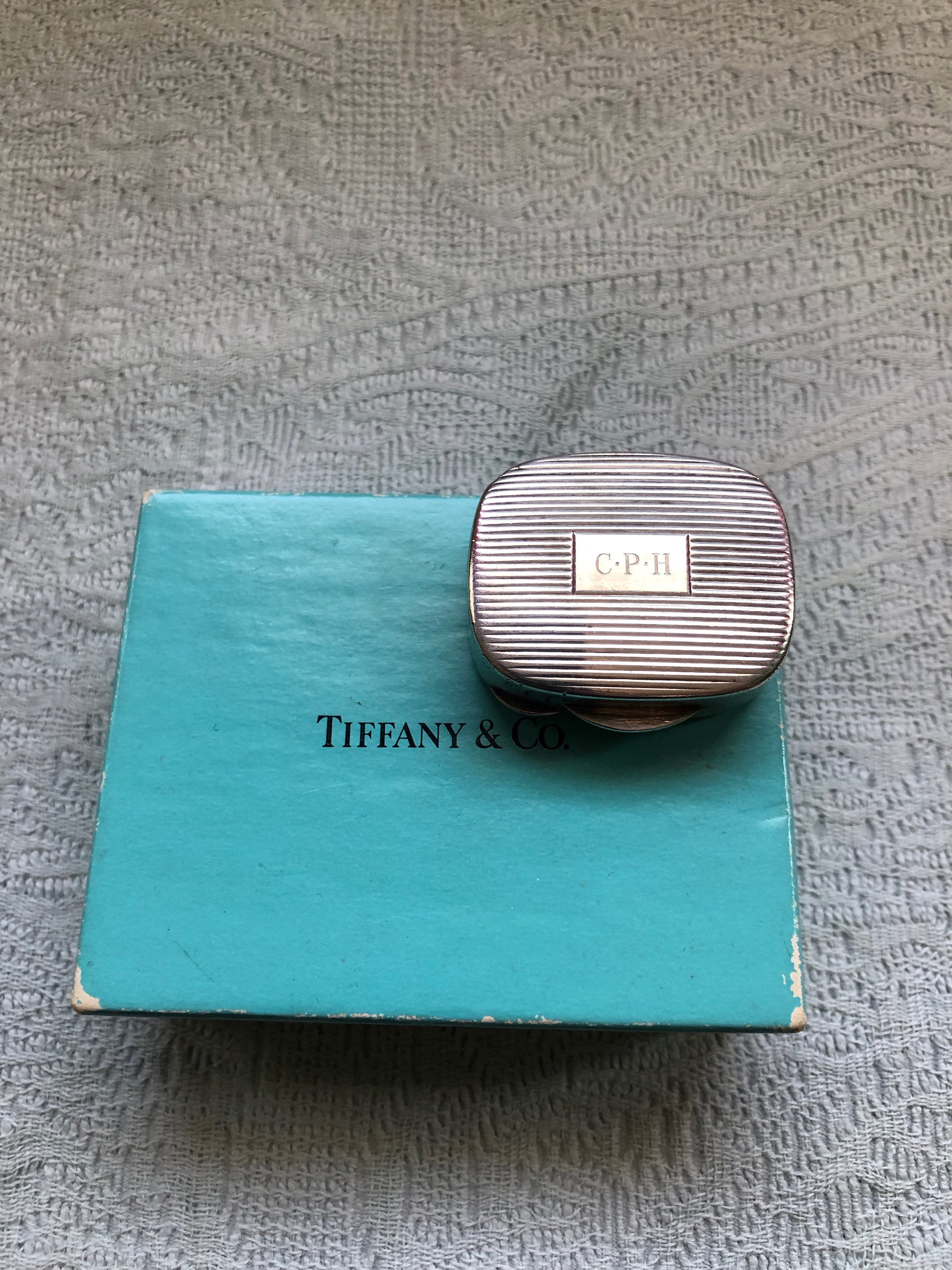 Vintage Tiffany & Co Art Deco Striped Sterling Silver Pill Box