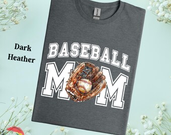 May include: Dark heather grey t-shirt with white text that reads "Baseball Mom" and a graphic of a baseball glove with a baseball in it.