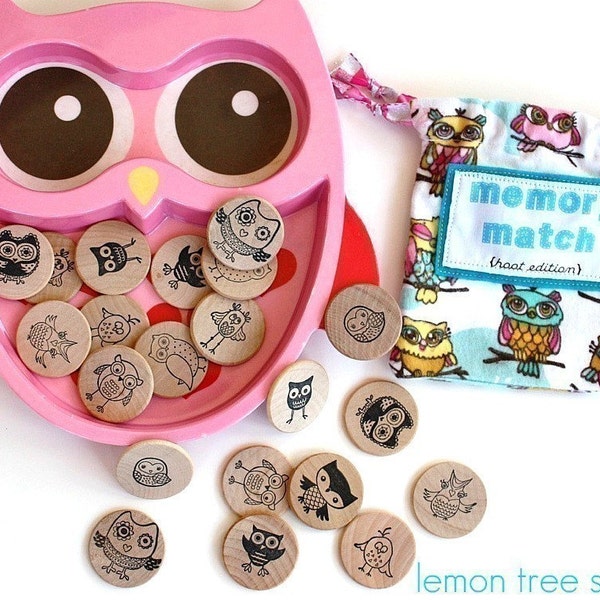 Wooden Matching Memory Game -- HOOT Edition
