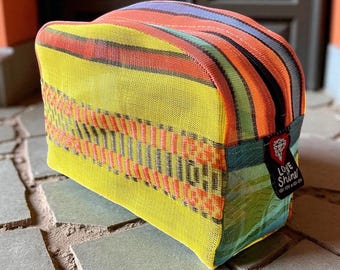 Love Shine Yellow Woven Mexican Mesh Patchwork Travel Dopp kit, Cosmetics Case, Make Up Bag