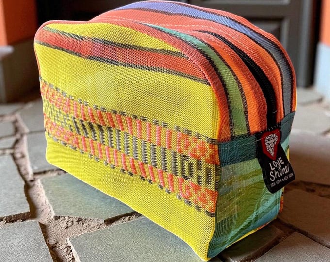 Featured listing image: Love Shine Yellow Woven Mexican Mesh Patchwork Travel Dopp kit, Cosmetics Case, Make Up Bag