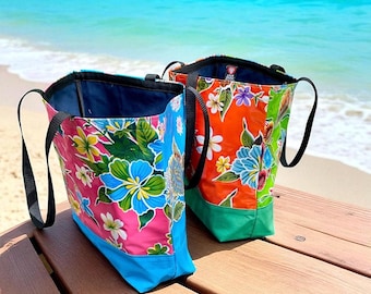 Double Pattern Large  Floral Mexican Oil Cloth Beach Bag, Canvas Trimmed Tote Bag