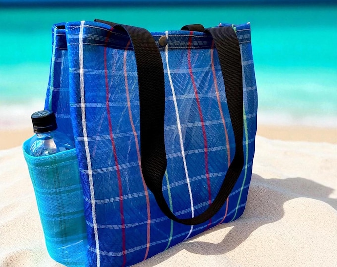 Featured listing image: Blue Stripe Mexican Mesh Pocket Market Tote Bag, Beach Bag