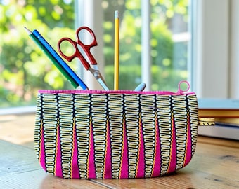 Pink African wax cloth zippered pouch, cosmetic case, pencil case