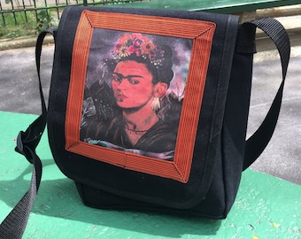 Frida Black Canvas Messenger Bag, Crossbody Daybag, Courier Bag