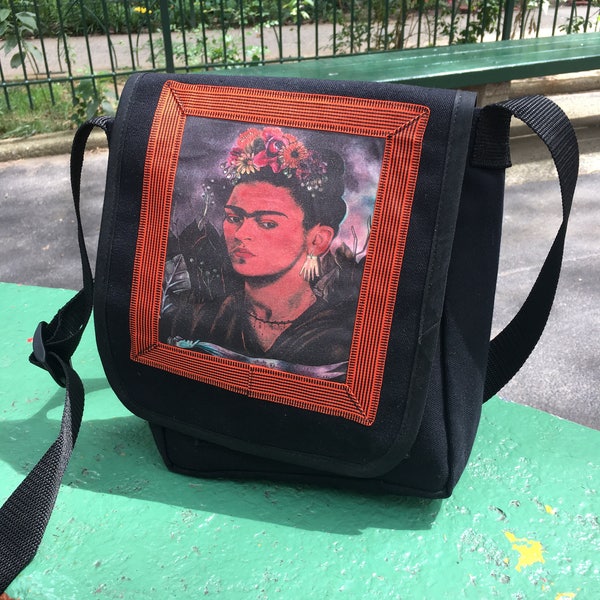 Frida Black Canvas Messenger Bag, Crossbody Daybag, Courier Bag