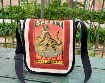 Vintage Japanese Tiger Canvas Messenger Bag: Matchbook Art Courier Bag