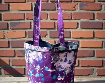 Purple cotton splatter drop cloth print shoulder tote bag