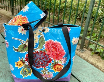 Blue Floral Oil Cloth and Canvas Medium Tote Bag with Cell Phone Wristlet