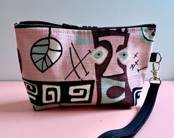 Pink Retro Mid Century Modern Print Wristlet Pouch