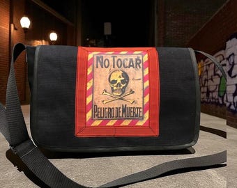 No Tocar Skull Canvas Courier Bag: Danger Crossbody Messenger Bag