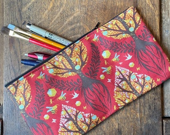 Birds Bees and Trees Cotton Print 10” Zippered Pouch, Cosmetic Case, Make Up Bag, Pencil Case