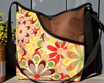 Pop Floral Print Canvas Market Bag, Cross Body Shoulder Bag, Hobo Bag, School Bag