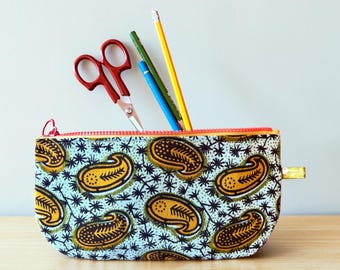 African turquoise paisley zippered pouch bag, cosmetic case, pencil case
