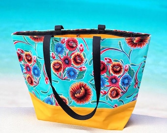 Large Turquoise Mexican Floral Oilcloth Beach Tote