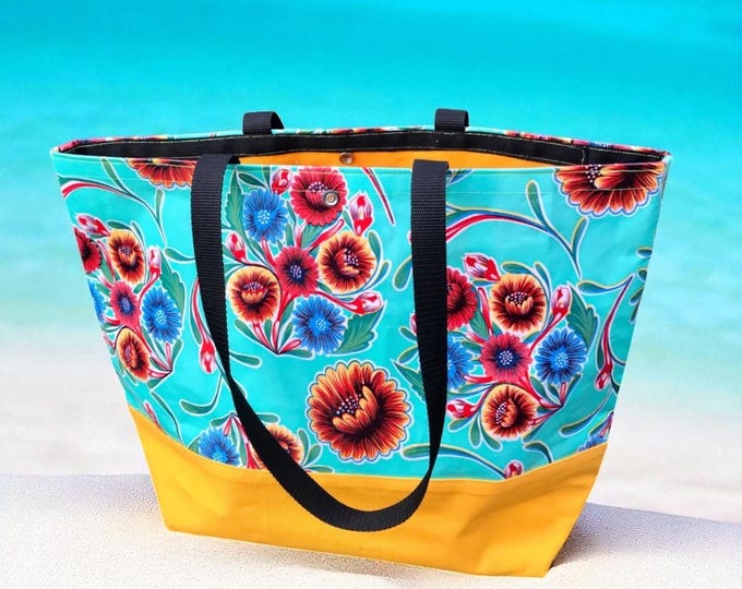 Featured listing image: Large Turquoise Mexican Floral Oilcloth Beach Tote