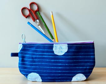 Indigo blue polka dot zippered pouch bag, cosmetic case, pencil case