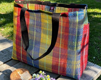 Large Red Plaid Mexican Mesh Pocket Market Bag, Mercado Bag, Shopping Tote