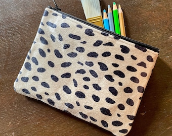 Animal Print Flocked Cotton 7” Pouch, Cosmetic Case, Make Up Bag