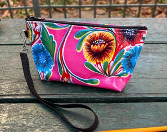 Floral Mexican Oil Cloth 7" Swinger, Wristlet Clutch Bag, Oil Cloth Pouch