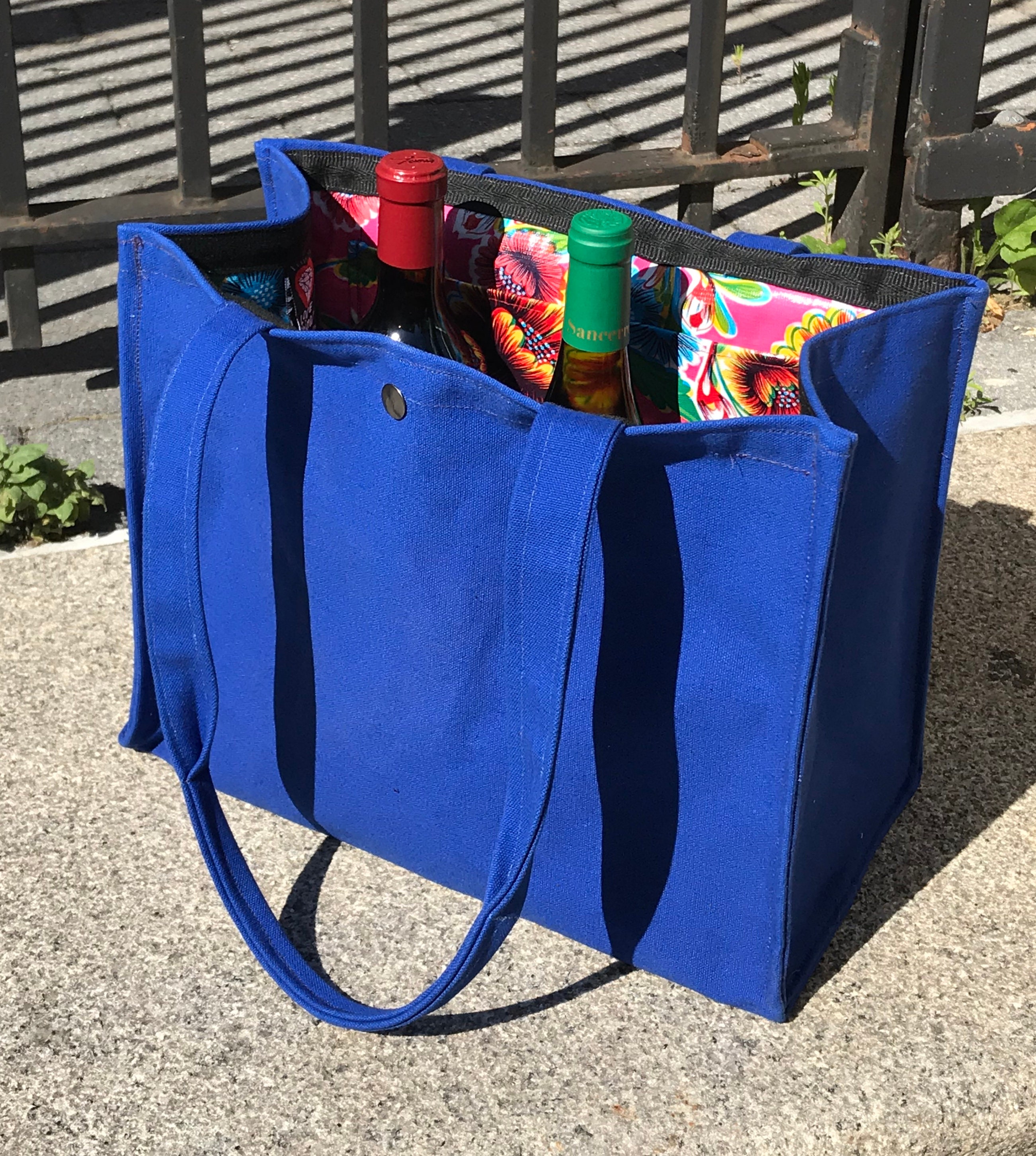 Large Canvas Topstitch Tote with Oil Cloth Lining, Shoulder Bag, Blue Canvas Shopper Tote