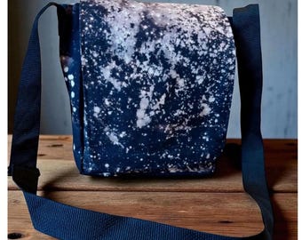Reverse Dyed Black Canvas Daybag, Bleach Tie Dye Courier Messenger Bag, Travel Bag