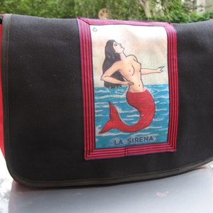 Sac messager La Sirena en toile, sac à bandoulière messager sirène en toile noire