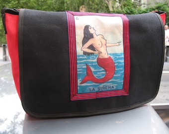 La Sirena Canvas Courier bag, Mermaid Black Canvas Messenger Crossbody Bookbag