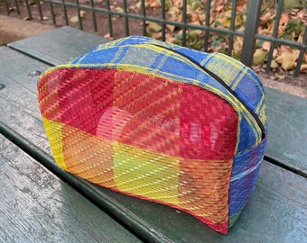 Love Shine Red Yellow Plaid Woven Mexican Mesh Patchwork Travel Dopp kit, Cosmetics Case, Make Up Bag