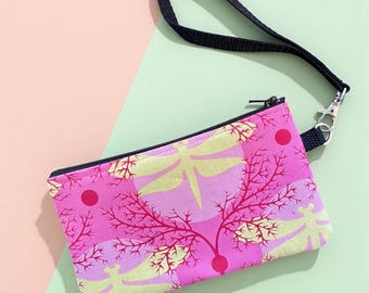 Pink Dragon Fly Cotton Print Cellphone Case with Wrist Strap, 7" Zipper Pouch