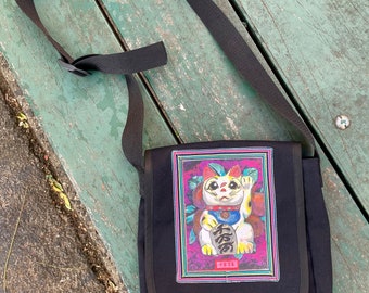 Japanese Good Luck Kitty Canvas Messenger Bag, Red Canvas Courier Daybag, Maneki- Neko Shoulder Bookbag