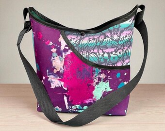 Purple tie dye cotton print crossbody tote bag