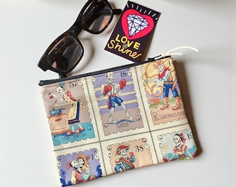 Dia de los Muertos 7" Cotton Print Pouch, Coin Bag, Cosmetic Case, Day of the Dead Skeleton Bag
