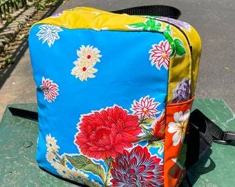 Blue Floral Oil Cloth Patchwork Backpack, Handmade lightweight Oil Cloth Love Shine Knapsack