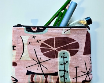 Pink Retro Mid Century Modern Cotton Print Pouch. 7” zippered Cosmetic Bag, Make Up Case