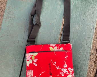 Red Plum Blossom Crossbody Shoulder Bag, Cotton Messenger Bag with Asian Floral Print