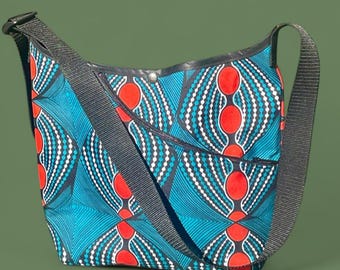 Teal Orange African Print Wax Cloth Crossbody Market Bag, Shoulder bag