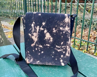 Inverse Dyed Black Canvas Daybag, Bleach Tie Dye Courier Messenger Bag, Travel Bag