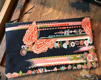 Black Floral Butterfly Asian Print Clutch Bag,  Cosmetic Pouch, Pencil Case, Make Up Bag, All Purpose 10" Pouch