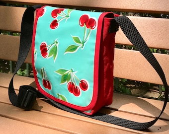 Turquoise Cherry Mexican Oil Cloth and Red Canvas Messenger Bag, Day Bag, Crossbody Courier