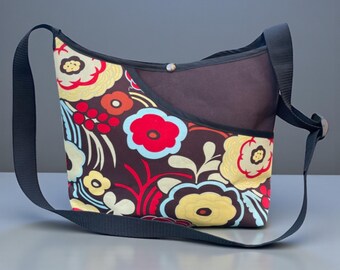 Brown Floral Cotton  Print Market Bag, Crossbody Bag, Shoulder Tote